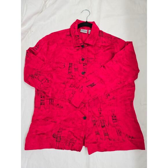 Chico's Linen Silk Blend Shirt Size 1 M Red Black Artsy Funky People Button Down - Picture 7 of 11